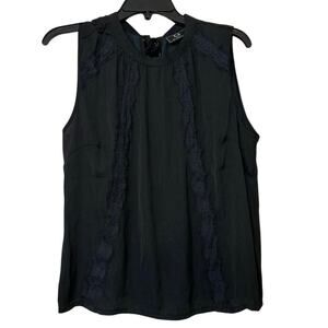 G By Giuliana Black Sleeveless Tie Neck Lace Trim Satin Top Large New